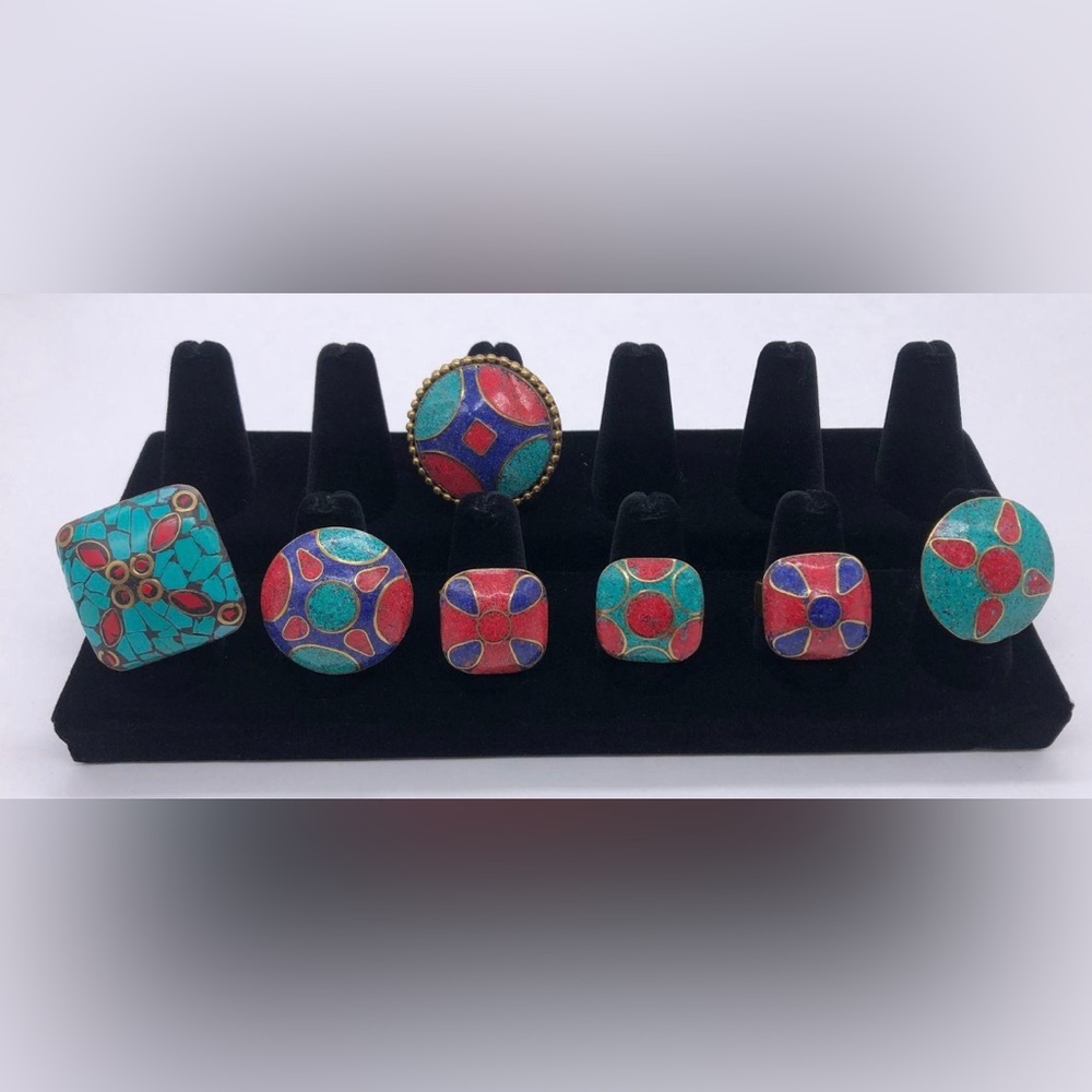 7pcs Colorful Jewel Tone Mosaic Inlay Adjustable Rings.
